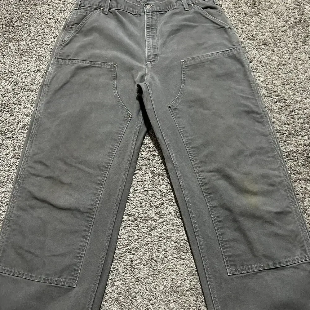 Vintage Carhartt Double Knee Work Pants Duck Canvas Made in USA Faded Gray 38x36